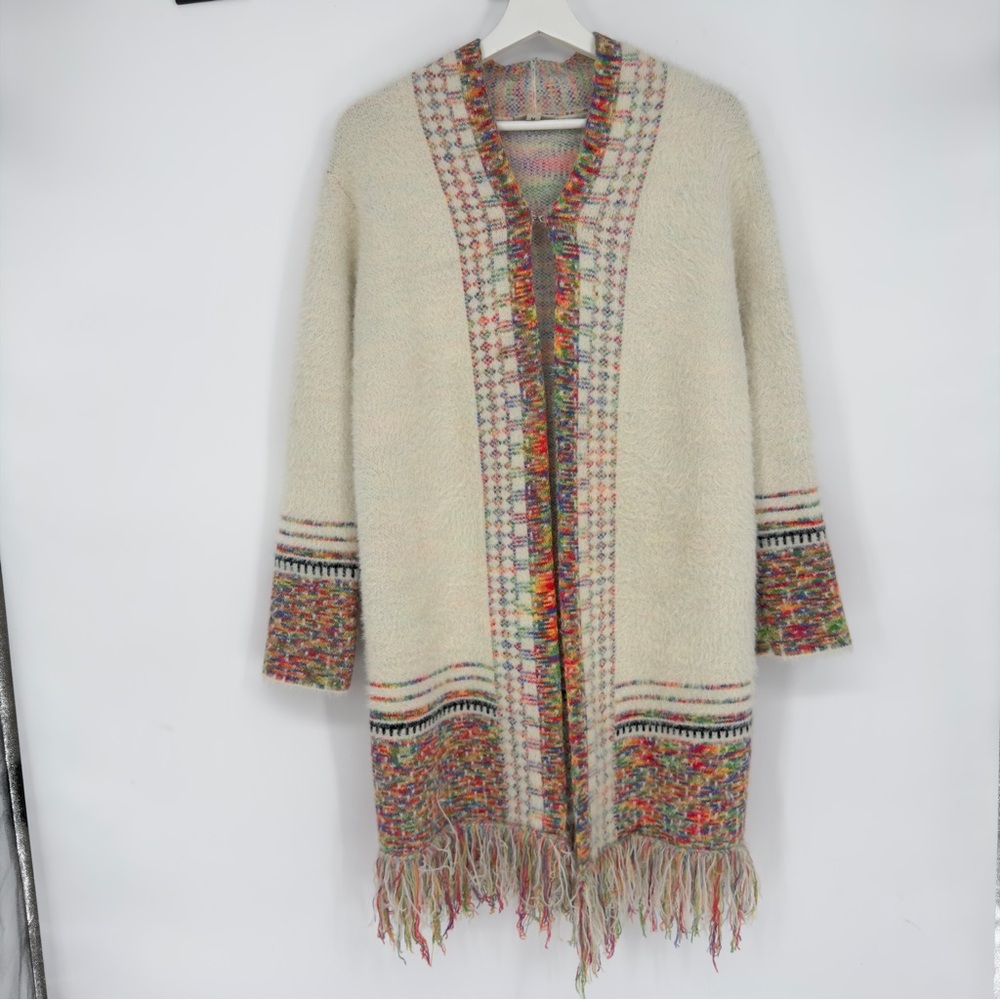 Venario White And Rainbow Knit Fringe Hem Cardigan Medium